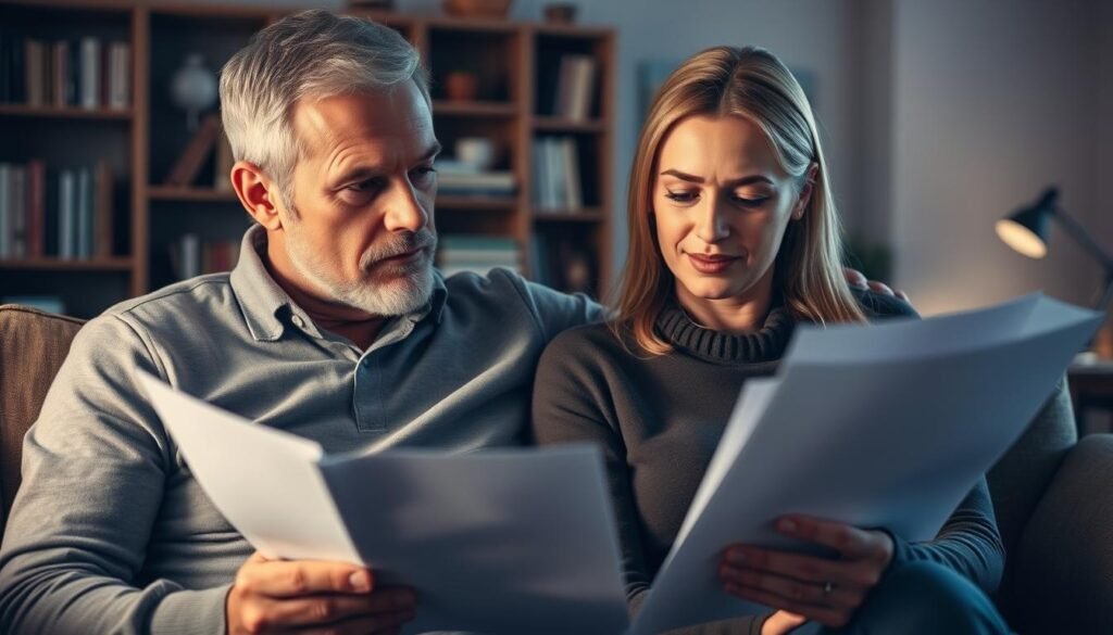 A close-up portrait of a couple, a man and a woman, sitting together on a couch. The man is holding a stack of documents, likely related to life insurance policies, while the woman appears to be reviewing them intently. The lighting is soft and warm, creating a contemplative and thoughtful atmosphere. The background is blurred, but there are hints of a home office or study, with bookshelves and a desk visible. The couple's expressions convey a sense of care and concern, as they discuss the important considerations of life insurance and health.