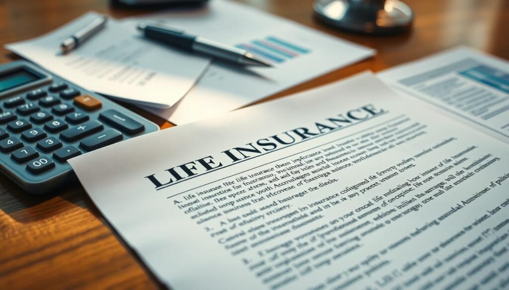 A close-up shot of a life insurance policy document resting on a wooden desk, surrounded by a calculator, pen, and financial documents. The policy's text and details are clearly legible, conveying the importance of life insurance coverage for businesses. Soft, warm lighting illuminates the scene, creating a professional and reassuring atmosphere. The depth of field is shallow, keeping the foreground sharp while blurring the background, directing the viewer's attention to the life insurance policy. This image effectively illustrates the tax implications of life insurance for businesses, underscoring the crucial role it plays in protecting a company's legacy.