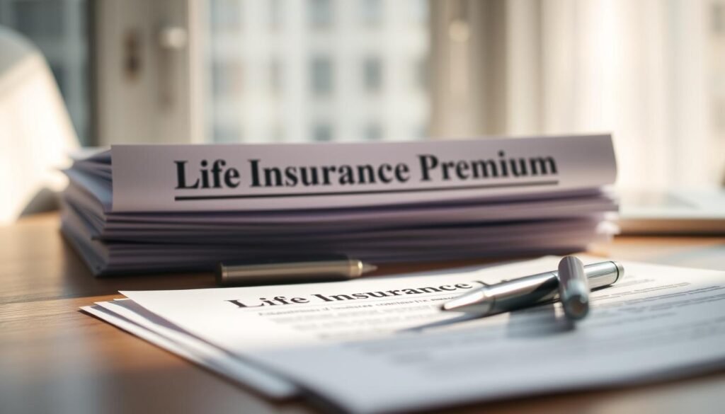 A close-up view of a financial advisor's desk, showcasing a stack of documents labeled "Life Insurance Premiums". Soft, diffused lighting creates a contemplative atmosphere, casting subtle shadows across the scene. In the middle ground, a calculator and a pen rest next to the documents, hinting at the careful calculations involved in determining premium rates. The background features a blurred, out-of-focus view of a window, suggesting the broader financial landscape that influences these decisions. The overall impression conveys the thoughtful, analytical nature of the process of evaluating life insurance premiums.