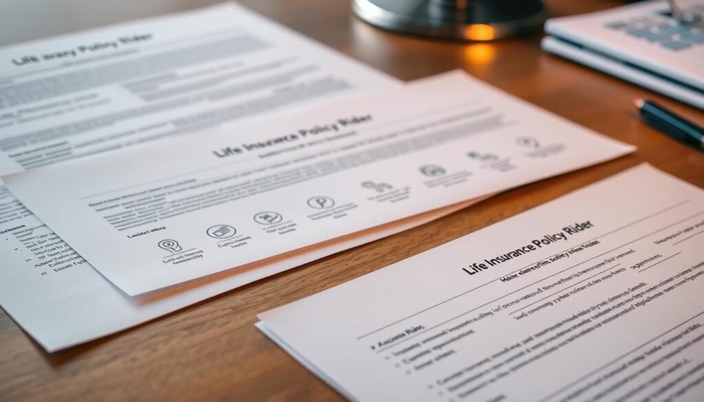 A close-up view of various life insurance policy rider documents and forms, neatly arranged on a wooden desk. Soft, warm lighting casts a subtle glow, creating a professional and informative atmosphere. The documents feature detailed text and icons, showcasing the different types of coverage enhancements available, such as disability income, critical illness, and accidental death benefits. The composition emphasizes the importance and specificity of these additional policy features, hinting at the comprehensive protection they can provide.