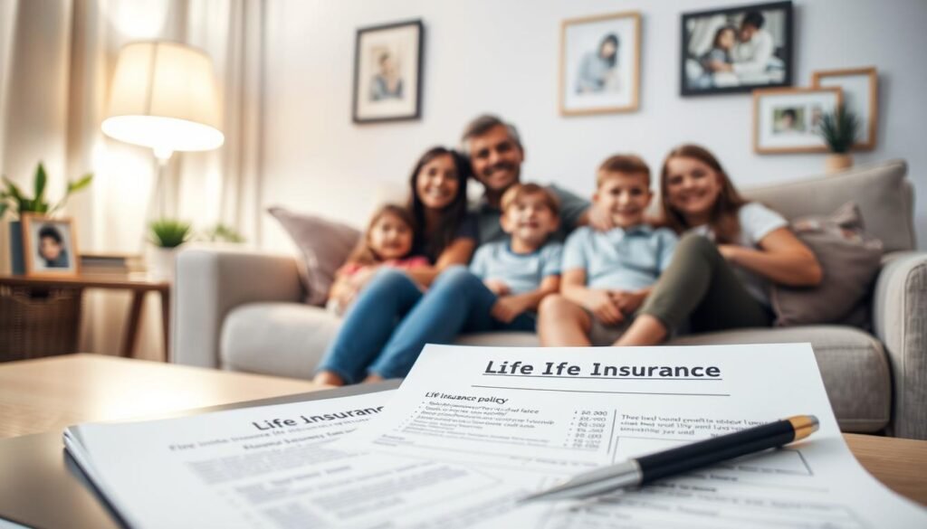A cozy family living room, with a stay-at-home parent sitting on a plush sofa, surrounded by happy children. Warm lighting from a table lamp casts a soft glow, conveying a sense of security and protection. In the foreground, an open laptop displays life insurance policy details, emphasizing the importance of financial planning for the family. The room is adorned with personal touches, like framed family photos and plants, creating an inviting and nurturing atmosphere. The overall scene suggests the value of life insurance for stay-at-home parents, whose contributions to the household are invaluable yet often overlooked.