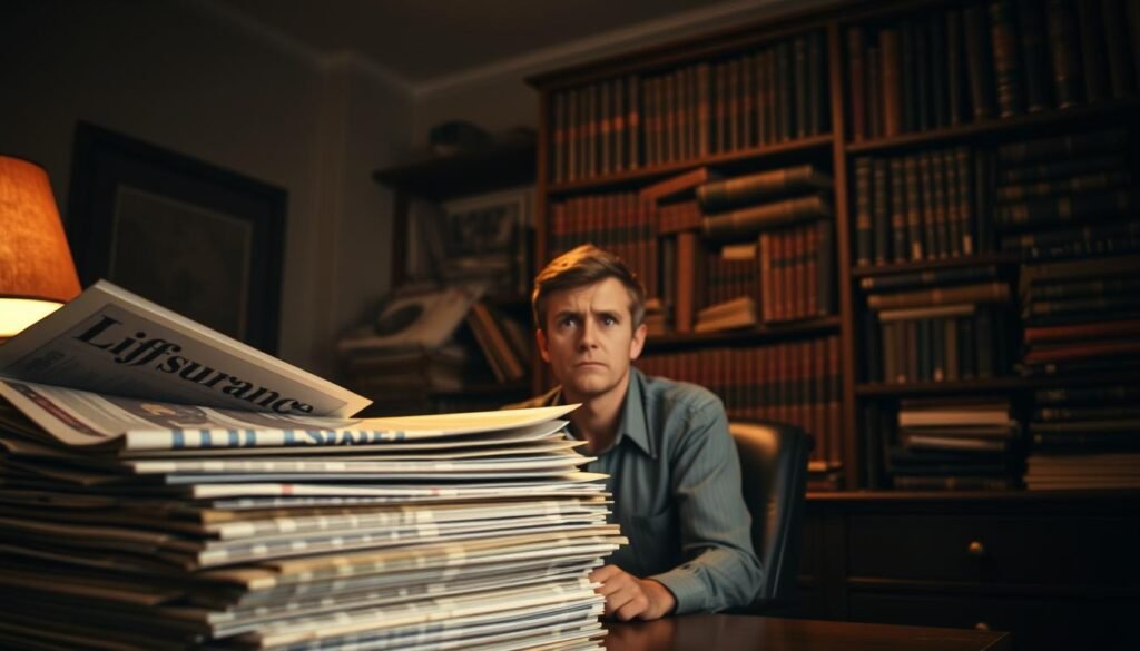 A dimly lit office space, the air thick with misconceptions about life insurance. In the foreground, a stack of outdated brochures and pamphlets, their content seemingly outdated and irrelevant. The middle ground features a confused-looking individual, their expression a mix of uncertainty and frustration, surrounded by a haze of uncertainty. In the background, a towering bookshelf filled with dusty tomes, a symbol of the complex and often misunderstood nature of life insurance policies. The scene is illuminated by a single, warm light source, casting an amber glow that adds to the sense of unease and the need for clarity. The overall mood is one of confusion and the desire for a better understanding of this essential financial tool.