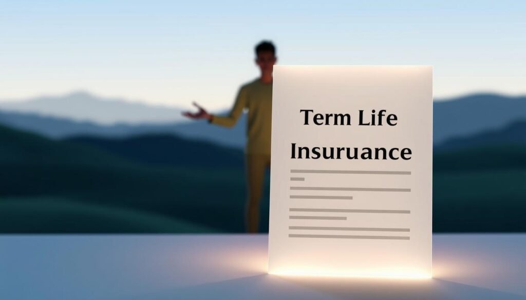 A modern, minimalist illustration of term life insurance. In the foreground, a clean, geometric representation of a life insurance policy document, its edges softly glowing. Behind it, a stylized human figure stands, hands outstretched, conveying a sense of security and protection. The background is a serene, gradient-filled landscape, evoking a tranquil, thoughtful mood. Subtle lighting casts gentle shadows, creating depth and dimension. The overall composition is balanced, with a focus on simplicity and the core concept of term life insurance as a means of safeguarding one's future.