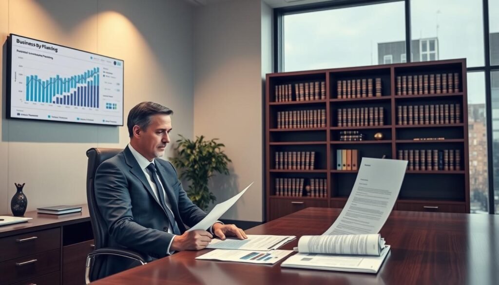 A modern office interior with a large wooden desk, a plush leather chair, and a wall-mounted display showcasing financial data and analytics. Soft, directional lighting illuminates the space, creating a professional and secure atmosphere. In the foreground, a businessman in a crisp suit sits at the desk, deeply engrossed in reviewing documents related to business continuity planning. The middle ground features a bookshelf filled with legal tomes and financial planning resources, conveying a sense of expertise and preparedness. The background depicts a cityscape through large windows, suggesting the importance of this office's role in safeguarding the company's future.