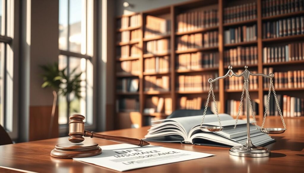 A modern office interior with tall windows, warm lighting, and a sleek wooden desk. On the desk, legal books and documents related to life insurance laws are neatly arranged. In the foreground, a stylized gavel and a silver scales of justice symbolize the legal aspects of life insurance. The middle ground features a large bookshelf filled with more legal references, casting soft shadows across the scene. The background blurs out, suggesting a thoughtful, contemplative atmosphere, perfect for reflecting on the legal considerations in life insurance.