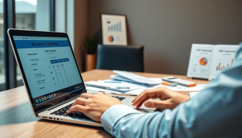 A modern office setting with a laptop displaying an insurance comparison website. In the foreground, a person's hands are typing on the keyboard, their focus intent on finding the best life insurance quote. The middle ground features a variety of insurance-related documents, calculators, and graphs, conveying the analytical process. The background showcases a tasteful blend of muted tones, creating a professional and trustworthy atmosphere. Soft, directional lighting illuminates the scene, emphasizing the importance of making an informed financial decision. The overall composition suggests a thoughtful, well-researched approach to securing a debt-repayment strategy through life insurance.