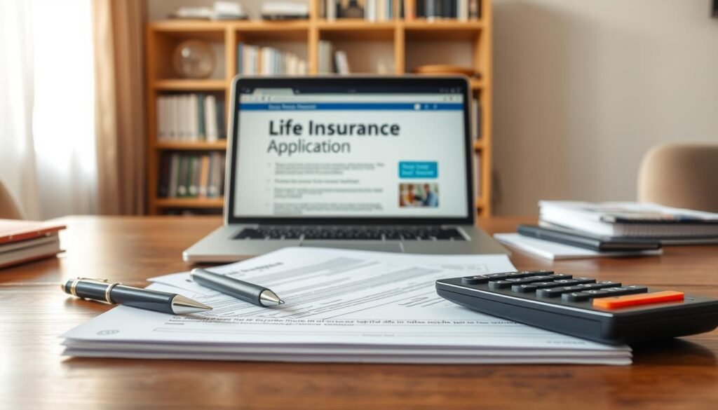 A neatly arranged desktop with a life insurance application form, pen, and calculator. Warm, natural lighting casts subtle shadows, creating a sense of focus and professionalism. In the middle ground, a laptop displays an informative web page on the application process, while a bookshelf in the background suggests a comfortable, home-office setting. The overall atmosphere conveys a sense of diligence and attention to detail, guiding the viewer through the practical steps of obtaining life insurance coverage.