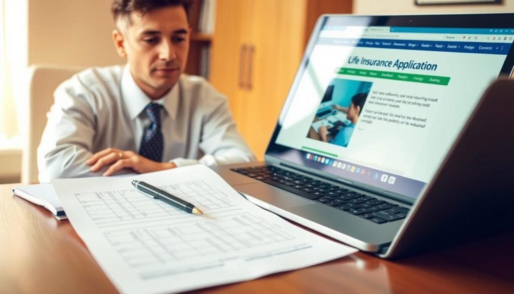 A neatly organized office desk with a life insurance application form, a pen, and a laptop displaying the insurance company's website. A focused professional in a shirt and tie sits at the desk, carefully reviewing the application. Warm, natural lighting illuminates the scene, creating a sense of diligence and attention to detail. The background is blurred, drawing the viewer's eye to the application process unfolding on the desk.