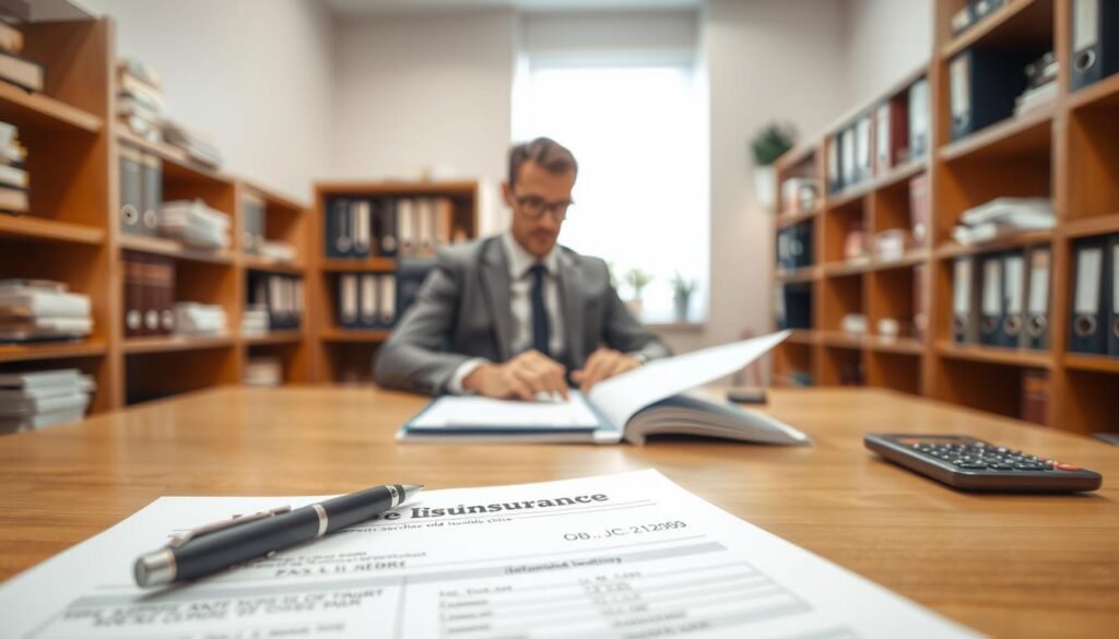 A neatly organized office interior, with a desk in the foreground featuring a life insurance application form, a pen, and a calculator. In the middle ground, a person in formal attire sits at the desk, intently reviewing the paperwork. The background depicts shelves of files and binders, suggesting a professional and administrative setting. The lighting is warm and inviting, with a subtle glow emanating from a window off-frame. The overall atmosphere conveys a sense of focus, attention to detail, and the importance of the life insurance application process.