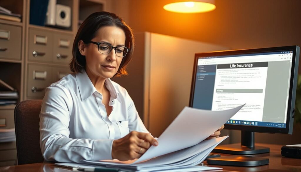 A professional claims agent seated at a desk, carefully reviewing insurance documents under warm, focused lighting. Behind them, a backdrop of orderly filing cabinets and a computer monitor displaying policy details. The agent's expression conveys thoughtfulness and attention to detail as they navigate the complexities of the life insurance claims process. The scene exudes a sense of diligence, expertise, and the importance of providing accurate information to clients during this critical stage.