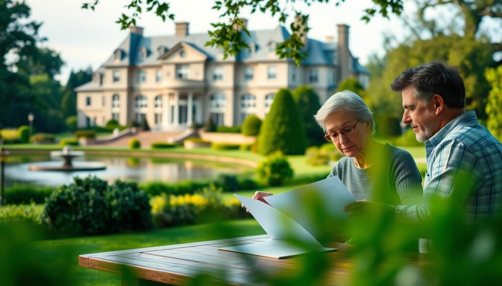 A serene and stately estate with a majestic mansion in the background, surrounded by lush greenery and a tranquil pond. In the foreground, a middle-aged couple sits at a wooden table, reviewing documents and discussing their life insurance policy and estate planning. Soft, natural lighting filters through the large windows, creating a warm and contemplative atmosphere. The couple's expressions convey a sense of security and preparedness, as they plan for the future and the protection of their loved ones. The scene is captured with a shallow depth of field, gently blurring the background and focusing the viewer's attention on the central figures and their important task.
