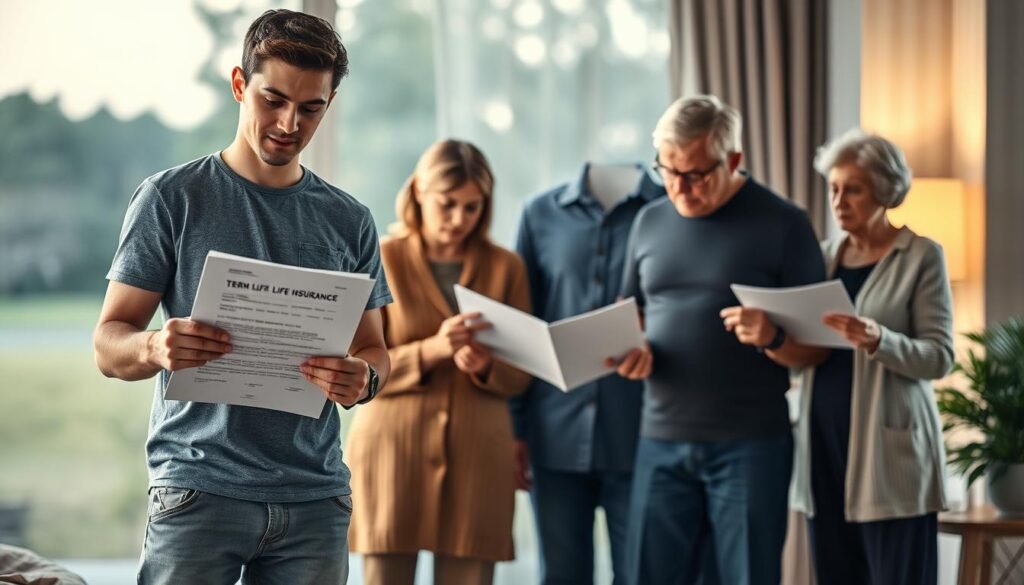 A serene and tranquil scene depicting the different life stages of an individual, represented through diverse life insurance policies. In the foreground, a young adult stands holding a term life insurance policy, symbolizing the need for coverage in the early stages of life. In the middle ground, a middle-aged couple examines a whole life insurance plan, reflecting the changing financial needs as one's family grows. In the background, an elderly couple contemplates a retirement-focused life insurance policy, highlighting the importance of long-term planning. The lighting is soft and warm, creating a sense of comfort and security, while the composition emphasizes the interconnectedness of these life stages and the role of life insurance in providing financial protection throughout one's journey.