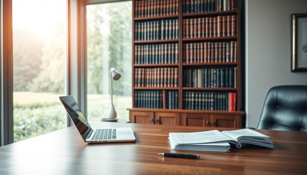 A serene and well-lit office scene, with a large wooden desk in the foreground. On the desk, a laptop, a pen, and a stack of financial documents, representing the tools of wealth management. In the middle ground, a tall bookshelf filled with leather-bound books, exuding an air of expertise and authority. The background features a large window overlooking a lush, green landscape, bathed in warm, natural light. The overall mood is one of professionalism, reliability, and financial security, conveying the importance of life insurance as a crucial component of comprehensive wealth management.