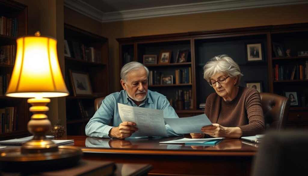 A serene, dimly-lit study with warm lighting from a desk lamp, showcasing a senior couple discussing life insurance policies, surrounded by bookshelves and framed family portraits. The husband and wife are seated at a mahogany desk, examining documents and financial statements, their expressions thoughtful and contemplative. The room's atmosphere conveys a sense of security, trust, and careful planning for the future. The camera angle is slightly elevated, capturing the scene from a perspective that suggests the importance and gravity of the financial decisions being made. The overall tone is one of financial responsibility and care for loved ones.