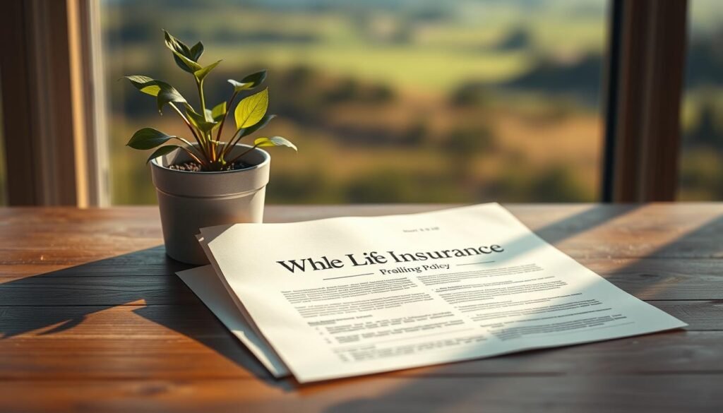 A serene, minimalist composition depicting a whole life insurance policy as a symbol of financial security and stability. In the foreground, a neatly folded life insurance document rests on a wooden table, bathed in warm, natural lighting. The middle ground features a potted plant, its verdant leaves a metaphor for the policy's long-term growth. In the background, a tranquil, blurred landscape conveys a sense of stability and enduring protection. The overall mood is one of thoughtful contemplation, encouraging the viewer to consider the role of whole life insurance in comprehensive financial planning.