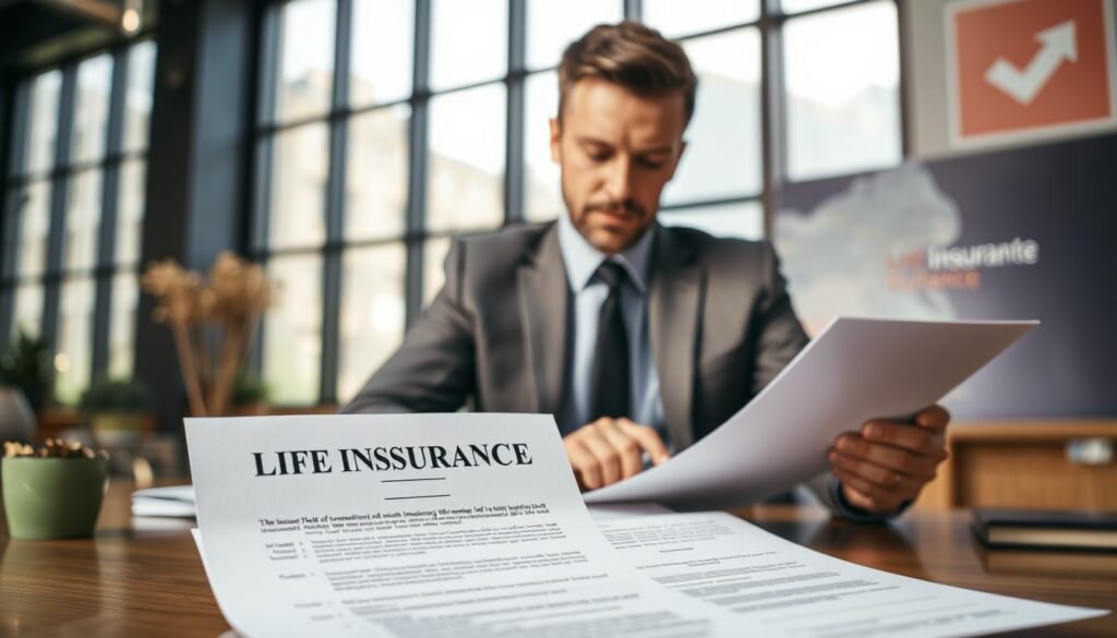 A serene office setting, with a well-dressed businessman sitting at a desk, thoughtfully examining documents. Soft natural lighting filters through large windows, casting a warm glow on the scene. In the foreground, a life insurance policy prominently displayed, symbolizing the importance of financial protection. The businessman's expression conveys a sense of security and peace of mind, reflecting the benefits of having a comprehensive life insurance plan in place for his business. The background features subtle nods to the company's branding, creating a professional and trustworthy atmosphere. The overall composition evokes a sense of stability, foresight, and the prudent management of business risks.