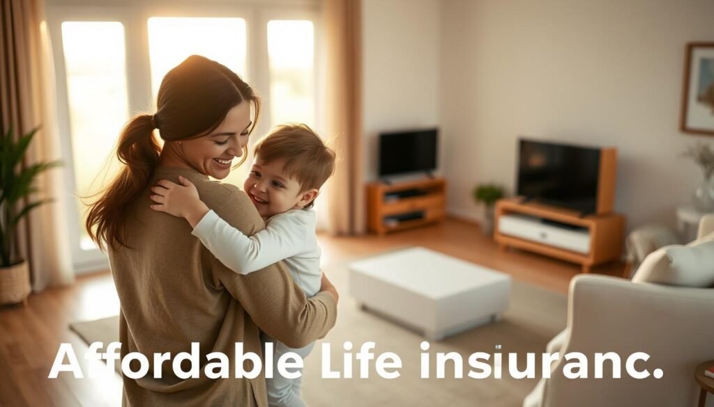 A serene, tranquil scene of a family enjoying the peace of mind that affordable life insurance provides. In the foreground, a couple and their young child embrace, their expressions radiating contentment and security. Soft, warm lighting filters through the windows, casting a comforting glow. In the middle ground, a simple, tasteful living room with minimalist furnishings, conveying a sense of practicality and financial responsibility. The background depicts a lush, verdant landscape outside, hinting at the bright future that affordable life insurance can help protect. The overall atmosphere is one of comfort, stability, and the reassurance that comes with planning for the unexpected.