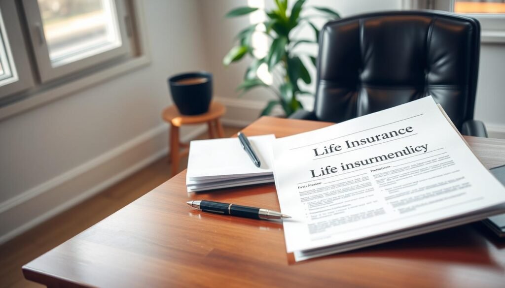 A serene, well-lit office setting with a professional-looking wooden desk, a comfortable leather chair, and a potted plant in the background. On the desk, a stack of papers, a pen, and an open life insurance policy document, conveying the idea of "life insurance as an investment tool." The lighting is soft and natural, creating a warm, inviting atmosphere. The composition emphasizes the importance of financial planning and the role of life insurance in securing one's financial future.