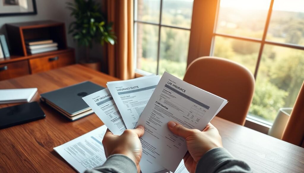 A serene, well-lit office setting with a wooden desk, a laptop, and a stack of documents. In the foreground, a person's hands are comparing several life insurance quotes printed on crisp white papers. The background features a large window overlooking a lush, verdant landscape, bathed in warm, natural light. The scene conveys a sense of thoughtful consideration and financial planning, creating an atmosphere of informed decision-making. The camera angle is slightly elevated, capturing the scene from a slightly overhead perspective, emphasizing the deliberate nature of the task at hand.