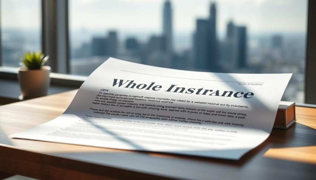 A sleek and modern whole life insurance policy document, neatly displayed on a minimalist wooden desk. Soft natural lighting casts gentle shadows, conveying a sense of stability and reliability. The document's clean design features precise typography and a sophisticated color palette, hinting at the policy's comprehensive coverage. In the background, a blurred cityscape symbolizes the financial security and peace of mind that a well-crafted whole life insurance plan can provide. The scene radiates an atmosphere of professionalism, trust, and thoughtful financial planning, setting the stage to debunk the myth that all life insurance policies are the same.