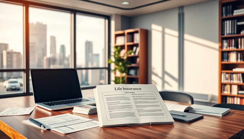 A sleek, modern office interior with floor-to-ceiling windows overlooking a bustling city skyline. In the foreground, a wooden desk showcases various financial documents and a laptop, representing the tools of estate planning. Centered on the desk, a life insurance policy document commands attention, its pages open to reveal the key benefits. Warm, directional lighting from the side casts a soft glow, emphasizing the importance of the life insurance policy. The background features bookshelves filled with financial resources, creating an atmosphere of expertise and security. The overall scene conveys a sense of professionalism, diligence, and the pivotal role of life insurance in safeguarding one's financial future.