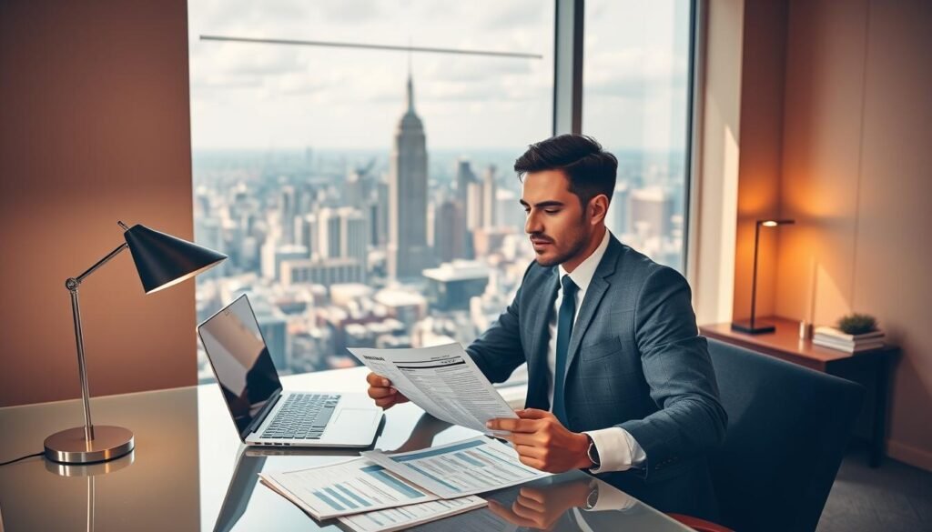 A sleek, modern office setting with a well-dressed professional sitting at a desk, intently reviewing documents and financial plans. The desk is adorned with a laptop, a stylish desk lamp, and a display showcasing various life insurance policies and investment options. The room is bathed in warm, directional lighting, casting subtle shadows and highlighting the details of the scene. In the background, a large window offers a panoramic view of a bustling city skyline, conveying a sense of financial security and stability. The overall atmosphere is one of thoughtful deliberation, with the life insurance plans serving as the central focus of the composition.