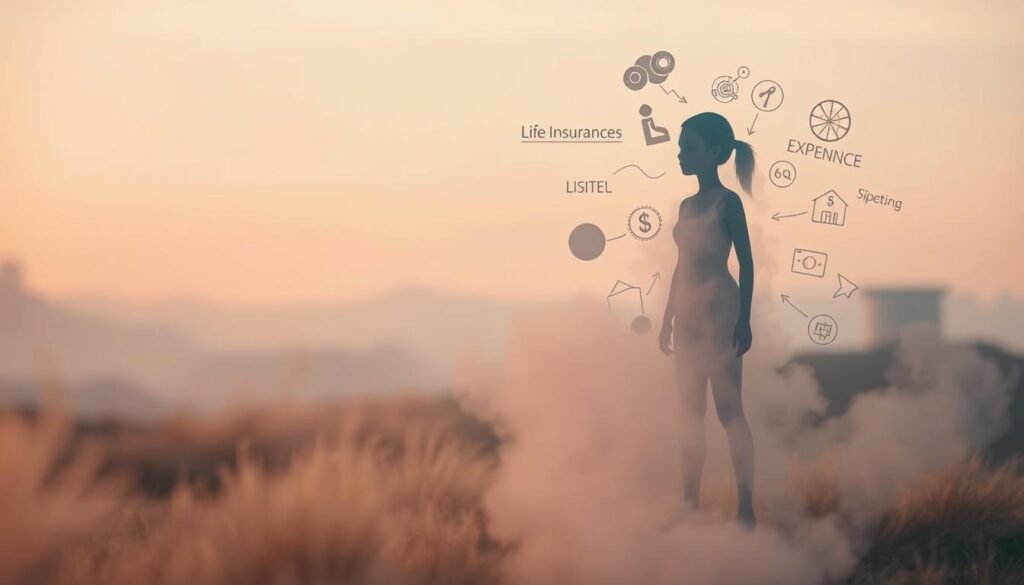 A surreal, imaginative depiction of common misconceptions about life insurance. In the foreground, a stylized, ethereal figure representing life insurance misconceptions, shrouded in a hazy, dreamlike atmosphere. In the middle ground, abstract shapes and symbols alluding to common myths, such as the belief that life insurance is too expensive or only for the elderly. The background features a softly blurred, pastel-toned landscape, conveying a sense of tranquility and contemplation. The overall mood is pensive, inviting the viewer to reflect on the realities of life insurance. Lit by a warm, diffused light source, creating a sense of depth and dimension.