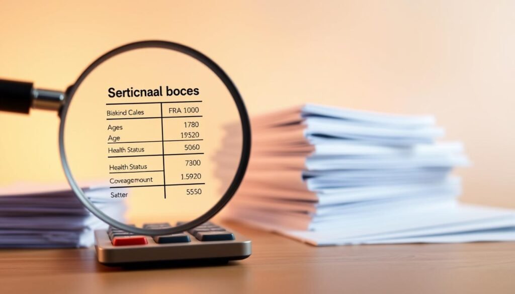 A thoughtful analysis of life insurance premium factors, captured in a detailed digital illustration. In the foreground, a magnifying glass hovers over a calculator, its display showing a breakdown of variables like age, health status, and coverage amount. The middle ground features neatly organized stacks of documents, representing the data and considerations that underpin the premium calculation. In the background, a soft, ethereal gradient evokes the sense of financial planning and security. The lighting is warm and slightly diffused, creating a contemplative atmosphere. The perspective is slightly elevated, giving the viewer a sense of overview and understanding of the complex process.
