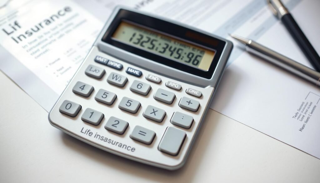 A well-lit, high-resolution image of a calculator displaying life insurance coverage calculations. The calculator is placed on a clean, uncluttered desk, surrounded by insurance-related documents and a pen. The lighting is soft and natural, creating a professional and authoritative atmosphere. The camera angle is slightly above, giving a clear view of the calculator's display and the surrounding items. The focus is on the calculator, with the other elements in the scene providing context and supporting the main subject.