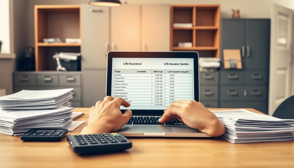A well-lit office desk with a laptop, calculator, and stacks of paper documents. In the foreground, two hands are shown comparing life insurance quotes side-by-side on the laptop screen. The background features a wall of filing cabinets and shelves, conveying a sense of organization and professionalism. The lighting is warm and natural, creating a focused and contemplative atmosphere. The composition emphasizes the comparison of insurance options, guiding the viewer's attention to the central task at hand.