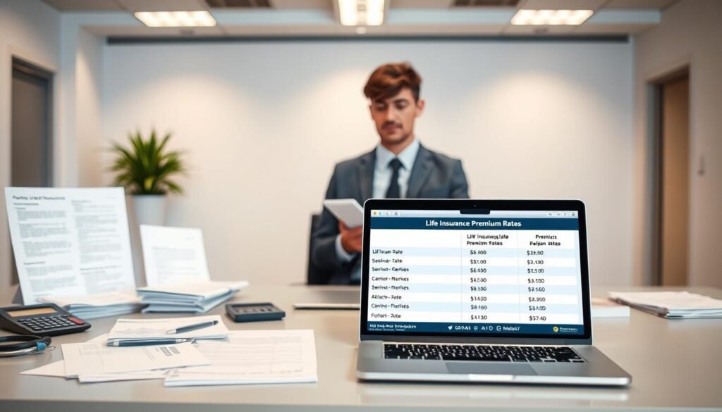 A well-lit office scene with a large desk showcasing various life insurance documents, brochures, and calculators. In the foreground, a laptop displays a comparison of different life insurance premium rates, highlighting the diverse options and their affordability. The middle ground features a person, smartly dressed, carefully analyzing the information on the screen. The background depicts a modern, minimalist office setting with clean lines, neutral tones, and subtle lighting, creating a professional and trustworthy atmosphere. The overall composition emphasizes the accessibility and practicality of comparing life insurance premiums to find the most suitable and cost-effective solution.