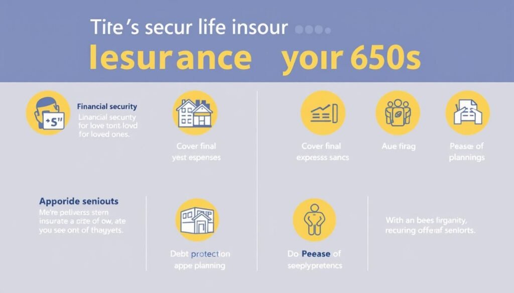 Benefits of life insurance for seniors 60-69 illustrated with icons Benefits of life insurance for seniors 60-69 illustrated with icons