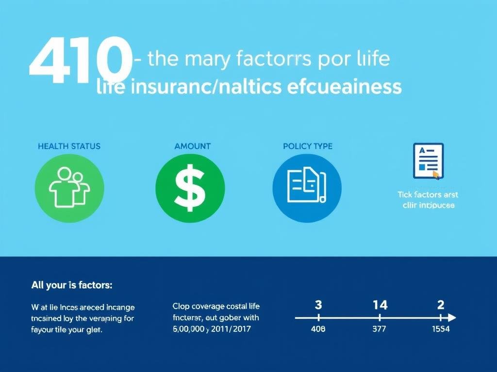 Chart showing life insurance cost factors for 40-49 year olds including health status, coverage amount, and policy type
