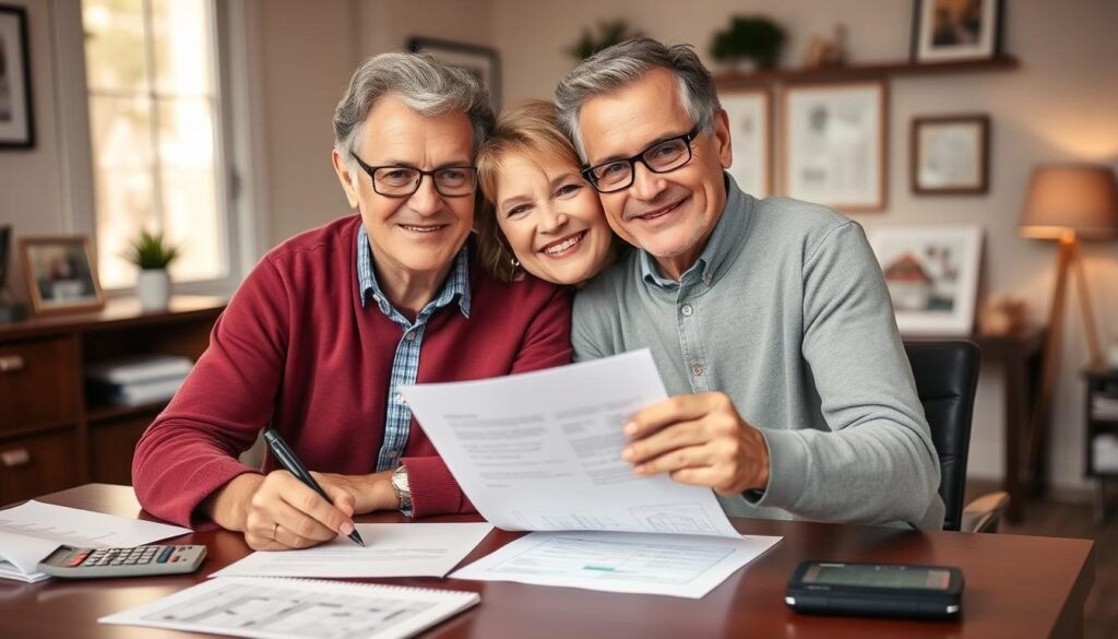 Confident 40-something couple signing life insurance documents, representing completion of the life insurance process for 40-49 year olds