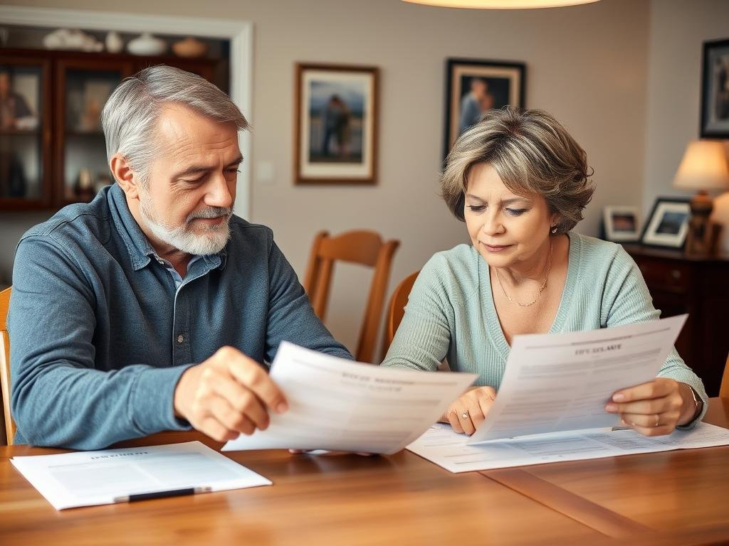 Couple in their 50s reviewing life insurance beneficiary documents Couple in their 50s reviewing life insurance beneficiary documents