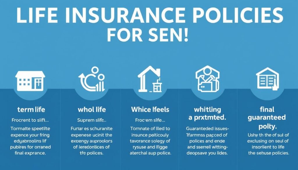 Different types of life insurance policies for seniors 60-69 illustrated with icons Different types of life insurance policies for seniors 60-69 illustrated with icons