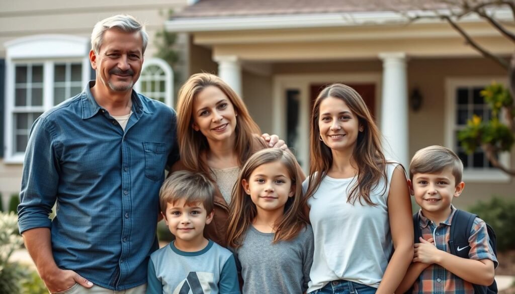 Family of 40-something parents with teenage children in front of their home, representing the financial responsibilities of life insurance for 40-49 year olds