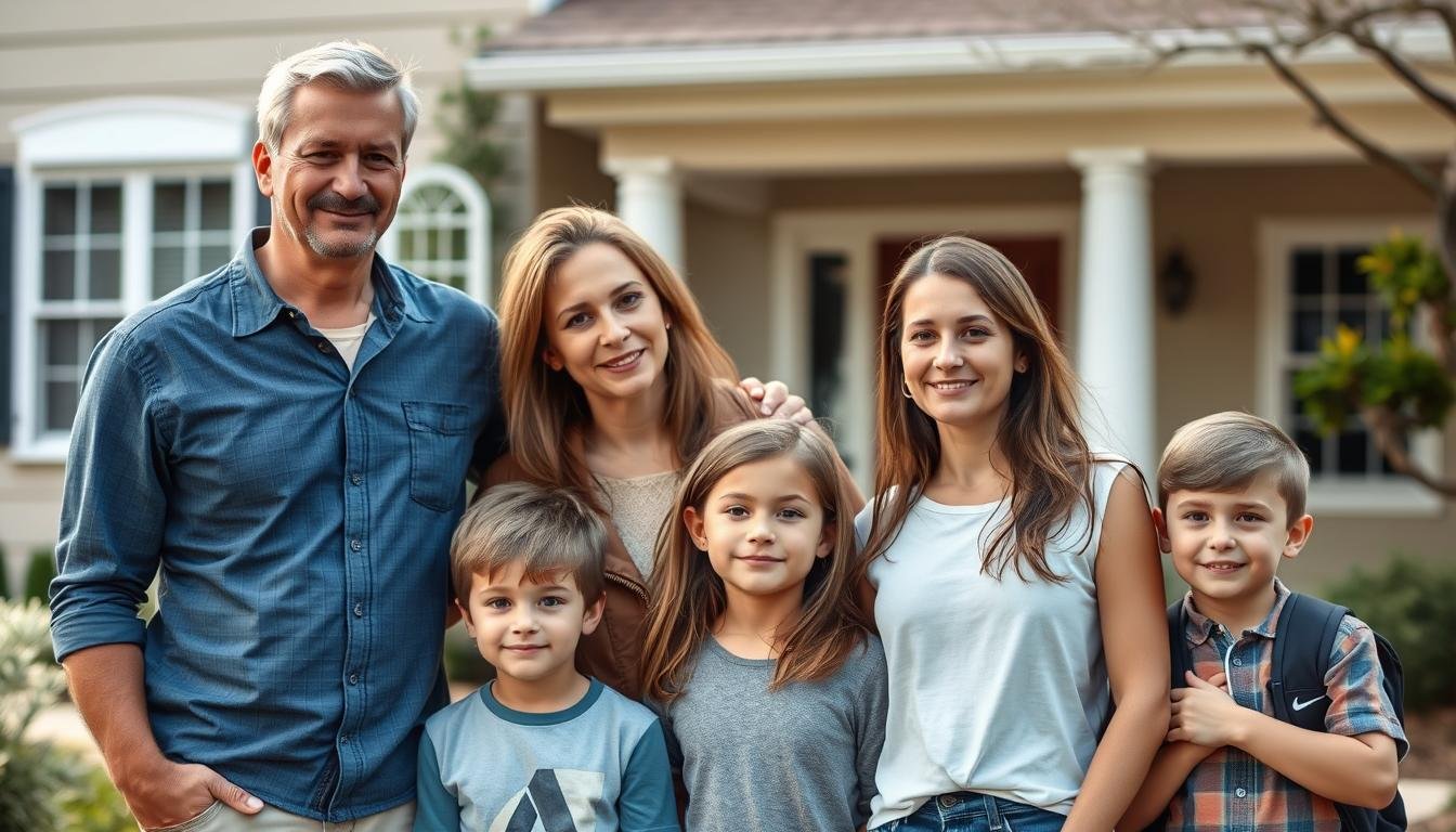 Family of 40-something parents with teenage children in front of their home, representing the financial responsibilities of life insurance for 40-49 year olds