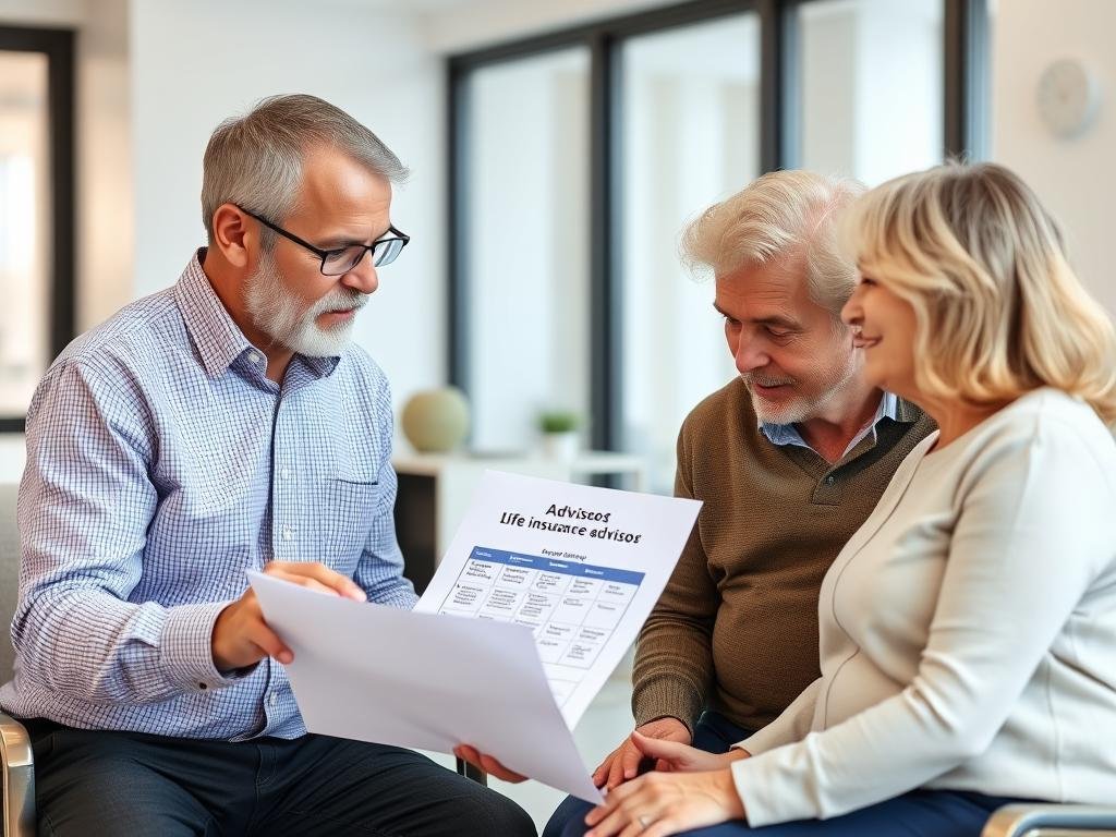 Financial advisor explaining life insurance options to a couple in their 50s Financial advisor explaining life insurance options to a couple in their 50s