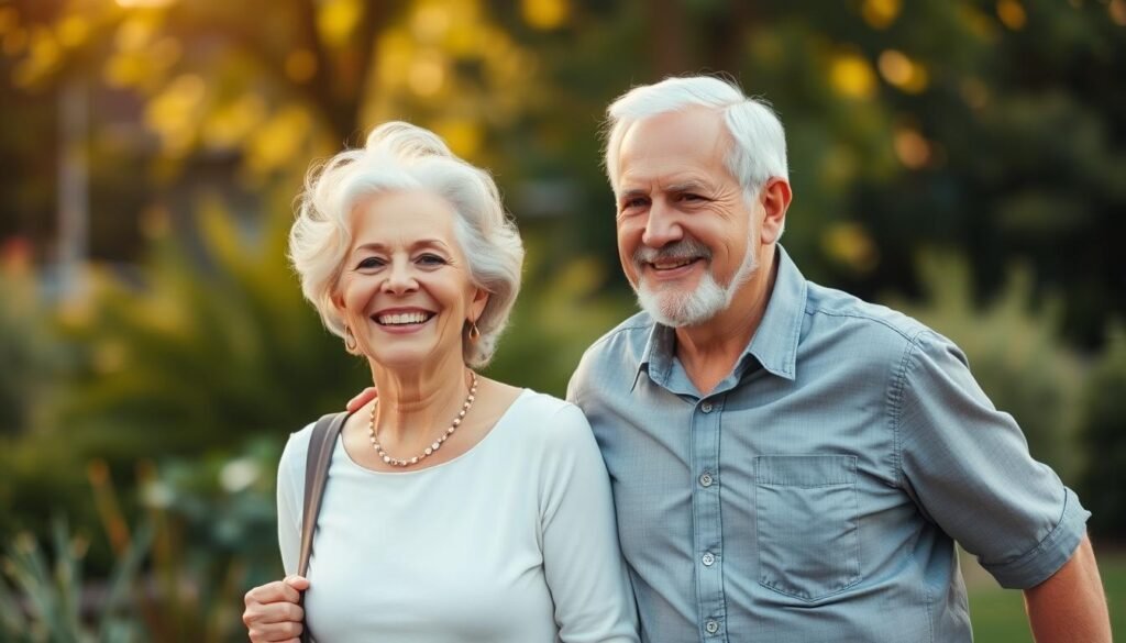 Happy mature couple enjoying retirement security with life insurance protection Happy mature couple enjoying retirement security with life insurance protection