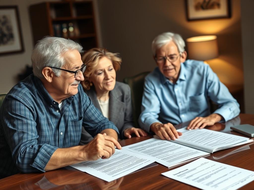 Insurance agent explaining policy riders to a couple in their 50s Insurance agent explaining policy riders to a couple in their 50s