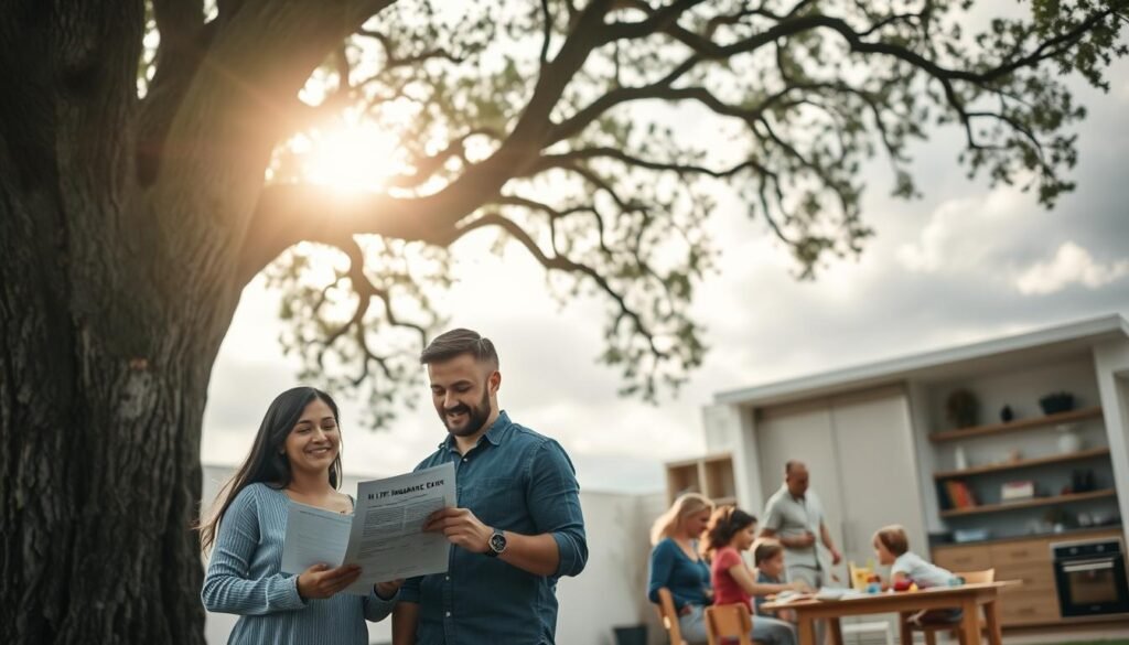 Majestic oak tree against a cloudy sky, sunlight filtering through the leaves. In the foreground, a young couple surrounded by life insurance documents, expressions of relief and security on their faces. In the middle ground, a family gathered around the kitchen table, discussing their policy options. In the background, a child's room filled with toys and a college diploma on the wall, representing the future this coverage protects. Soft, warm lighting, a lens with a shallow depth of field, a sense of tranquility and confidence permeating the scene.