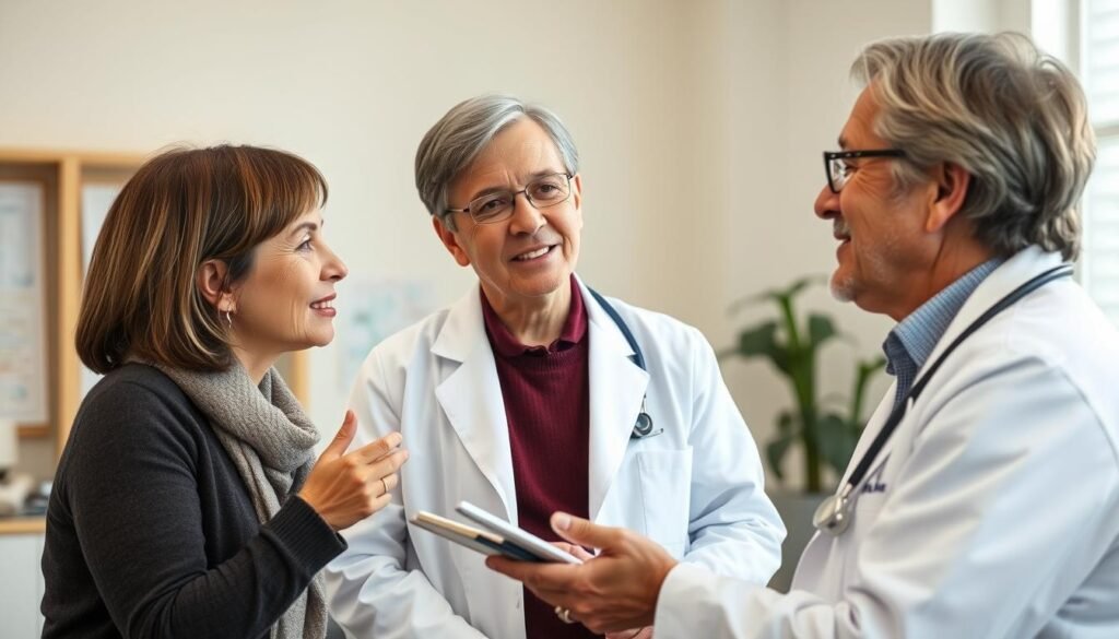 Medical professional discussing life insurance options with a 40-something patient who has pre-existing conditions