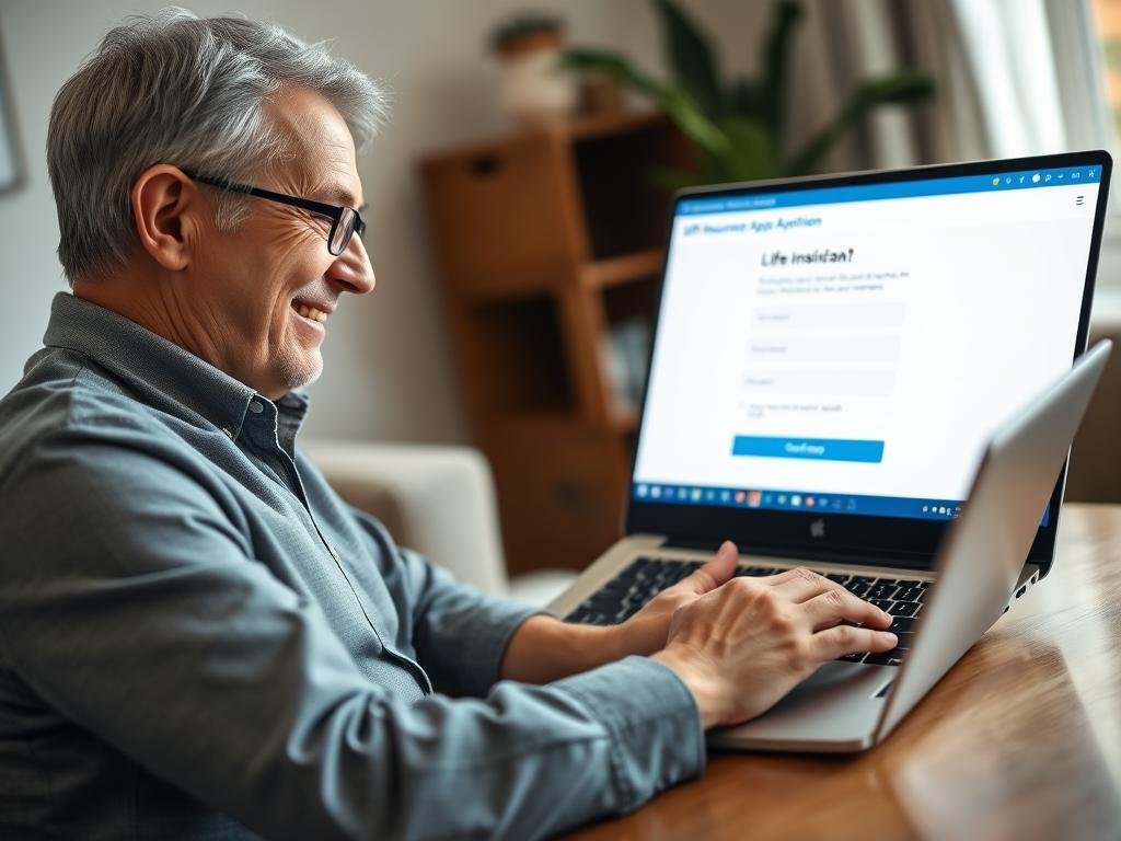 Person completing an online life insurance application for no-exam coverage, relevant for 40-49 year olds