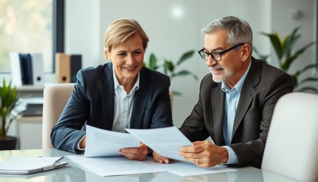 Person in their 40s reviewing life insurance documents with an agent, focusing on affordable options for 40-49 year olds