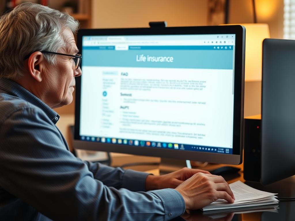 Person researching life insurance FAQs on a computer, focusing on questions relevant to 40-49 year olds