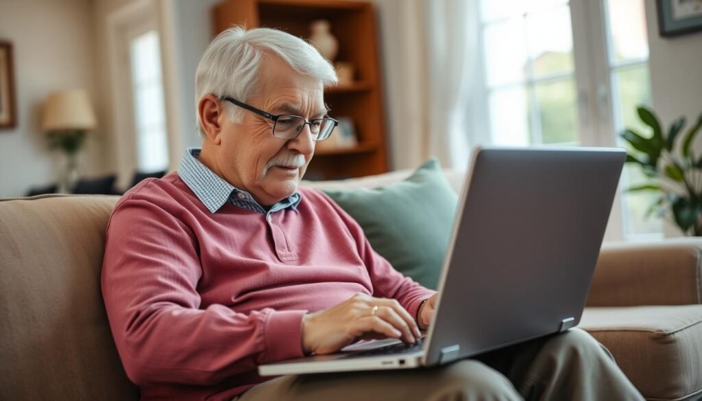 Senior completing no medical exam life insurance application online Senior completing no medical exam life insurance application online