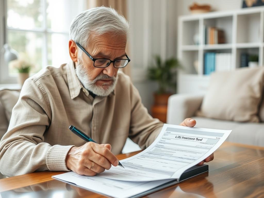 Senior completing simplified issue life insurance application with no medical exam