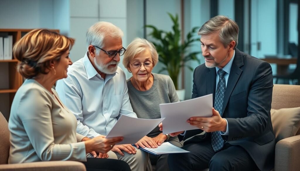 Senior couple consulting with financial advisor about life insurance for seniors 60-69 Senior couple consulting with financial advisor about life insurance for seniors 60-69