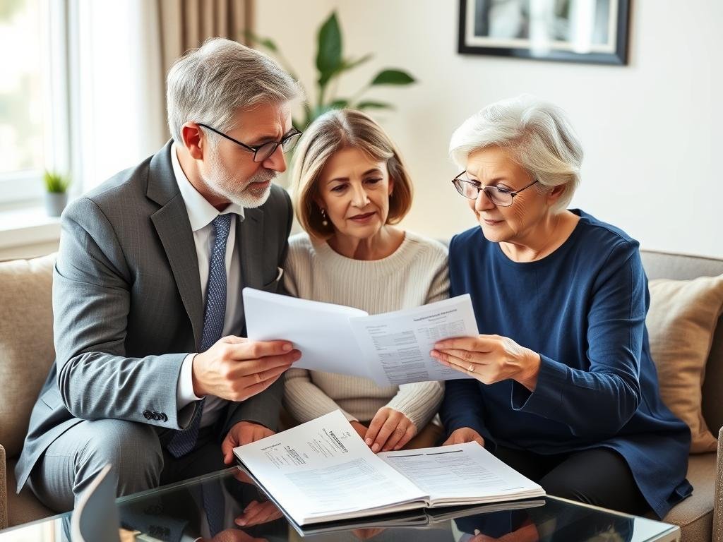Senior couple discussing life insurance coverage amounts with an advisor Senior couple discussing life insurance coverage amounts with an advisor